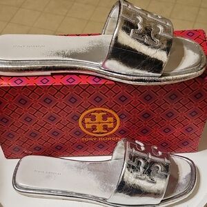 Tory Burch Metallic Silver Slide Sandals